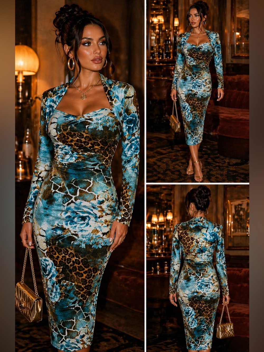 Y2K Cache Dress Size 6 Leopard Floral Ruched Faux Shrug Bodycon Midi Glam